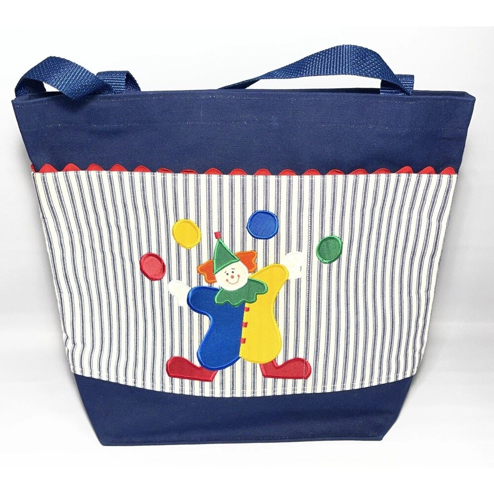 100% Cotton Duck Heavy Canvas Tote Bag Circus Clown Embroidered Whimsical Stripe